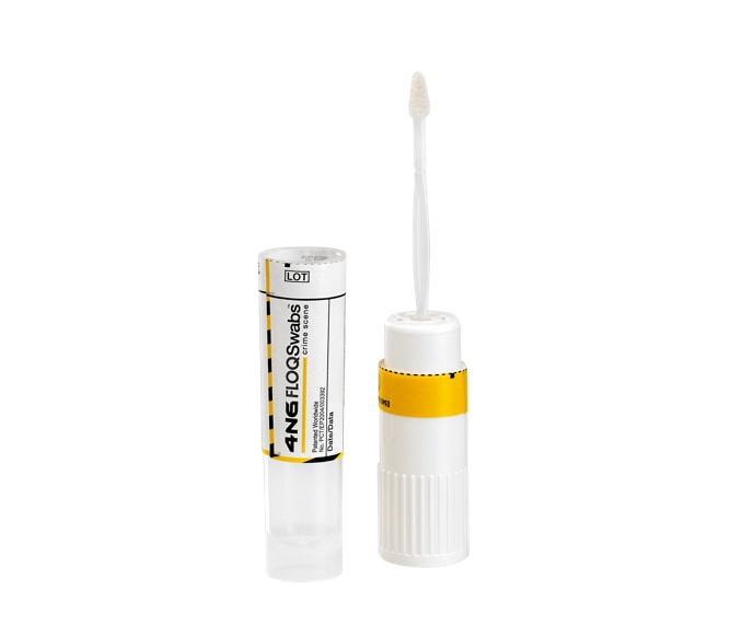 4N6FLOQSwab-3510C-SampleCollectionAndTransport-0619-02 Single Regular Size Nylon® 4N6FLOQSwab® Flocked Swab with Antimicrobial Action with 20mm Breakpoint packaged with Short Plastic Skirted Tube and White Cap - Individually Packaged, Sterile