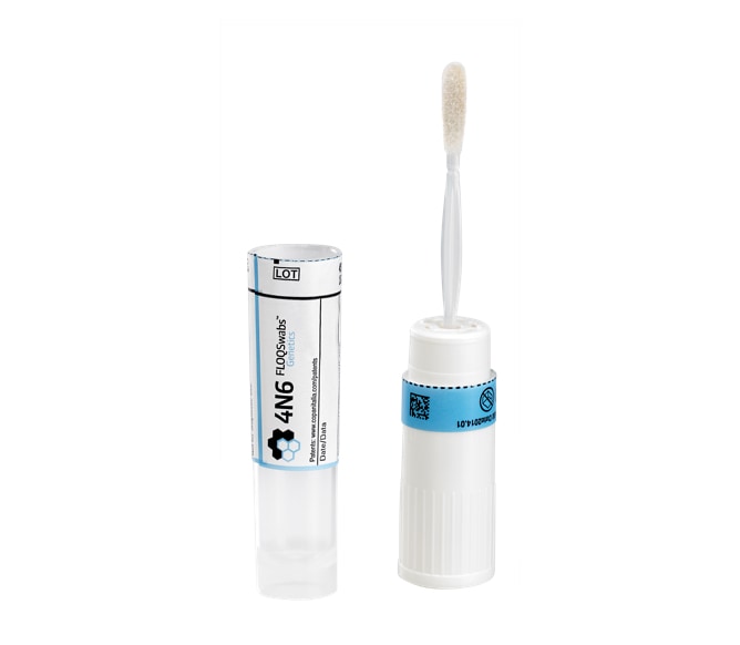 4N6FLOQSwab-4504C-SampleCollectionAndTransport-0619-02 Single Regular Size Nylon® 4N6FLOQSwab® Flocked Swab with 20mm Breakpoint packaged with Plastic Skirted Tube with Active Drying System and White Cap - Individually Packaged, Sterile