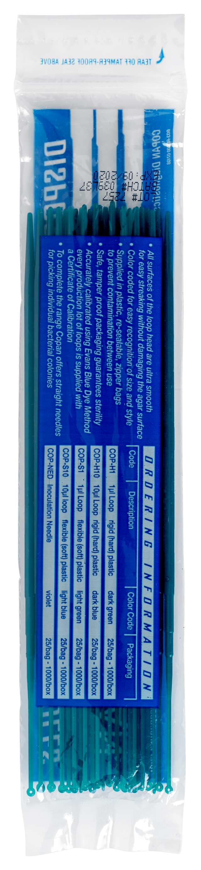 Plastic Inoculating Loops, Needles & Spreaders COP-H1 1 µL Rigid Dark Green Plastic Inoculation Loop - 25 per Bag