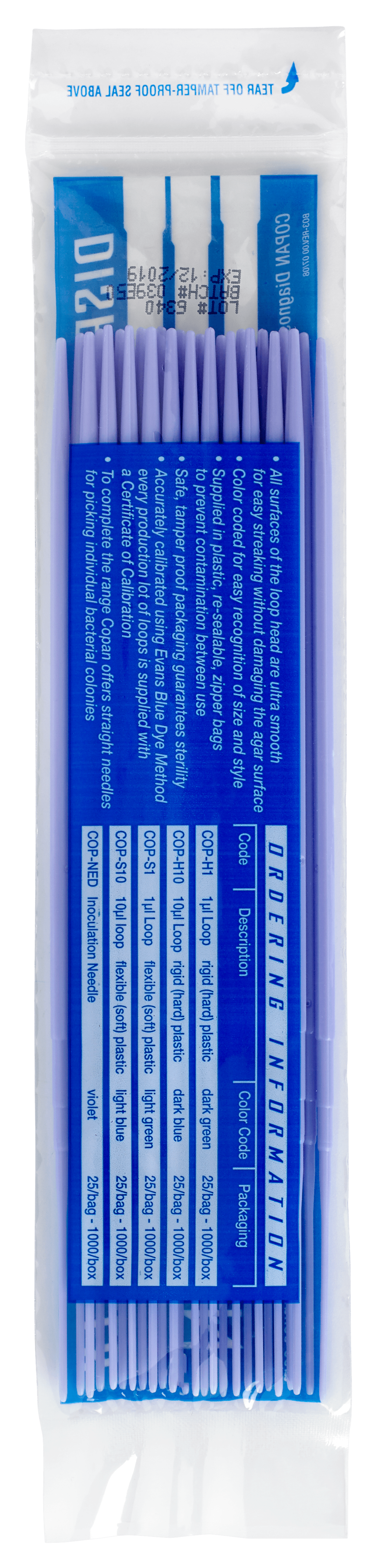 Plastic Inoculating Loops, Needles & Spreaders COP-NED 1.45 mm ø - 20 cm Length Violet Plastic Inoculation Needle - 25 per Bag