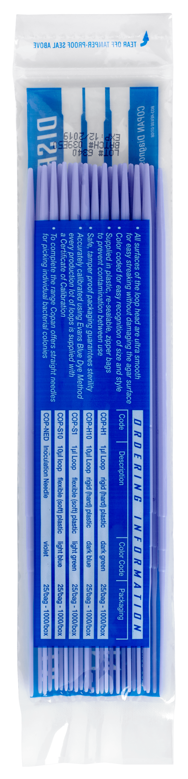 Plastic Inoculating Loops, Needles & Spreaders COP-NED 1.45 mm ø - 20 cm Length Violet Plastic Inoculation Needle - 25 per Bag