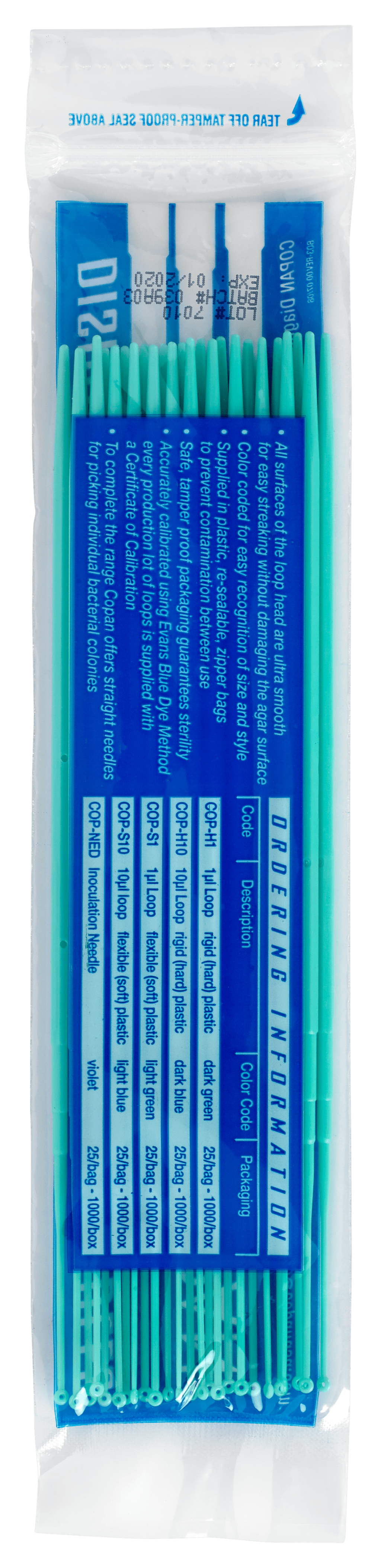 Plastic Inoculating Loops, Needles & Spreaders COP-S1 1 µL Flexible Light Green Plastic Inoculation Loop - 25 per Bag