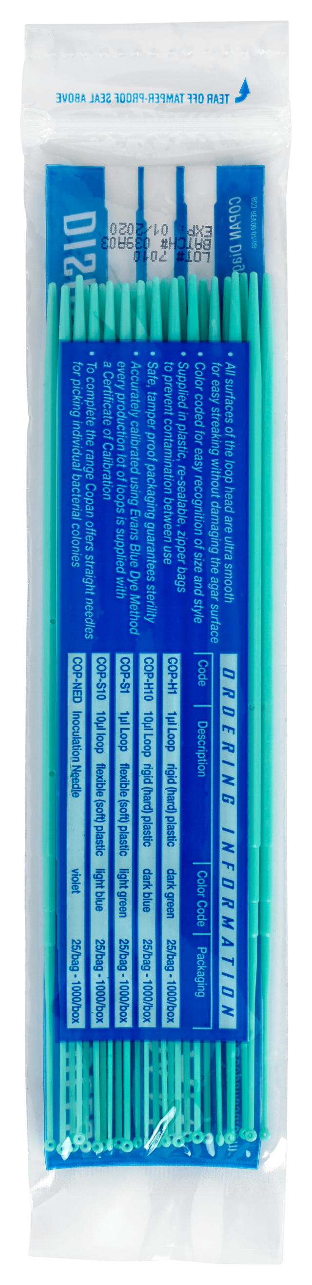 Plastic Inoculating Loops, Needles & Spreaders COP-S1 1 µL Flexible Light Green Plastic Inoculation Loop - 25 per Bag