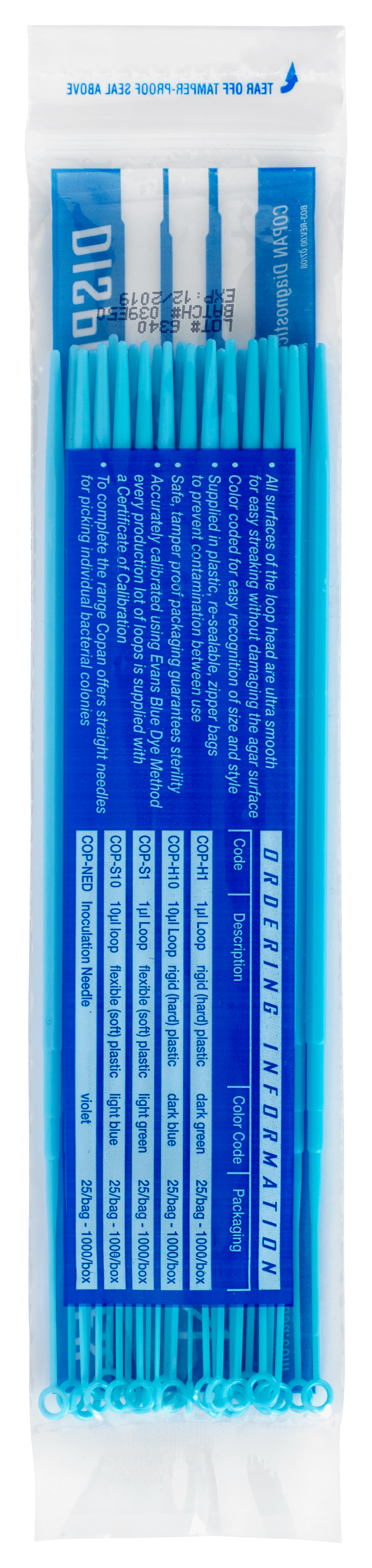 Plastic Inoculating Loops, Needles & Spreaders COP-S10 10 µL Flexible Light Blue Plastic Inoculation Loop - 25 per Bag