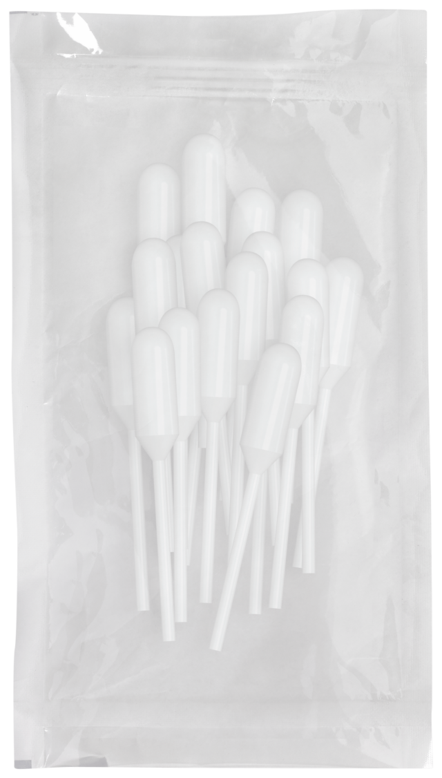 Disposable Transfer Pipet 209CS20 Transfer Pipet w/ Narrow Stem - Non-Graduated with 0.9 mL Bulb Draw - 20 per Peel Pouch, Sterile