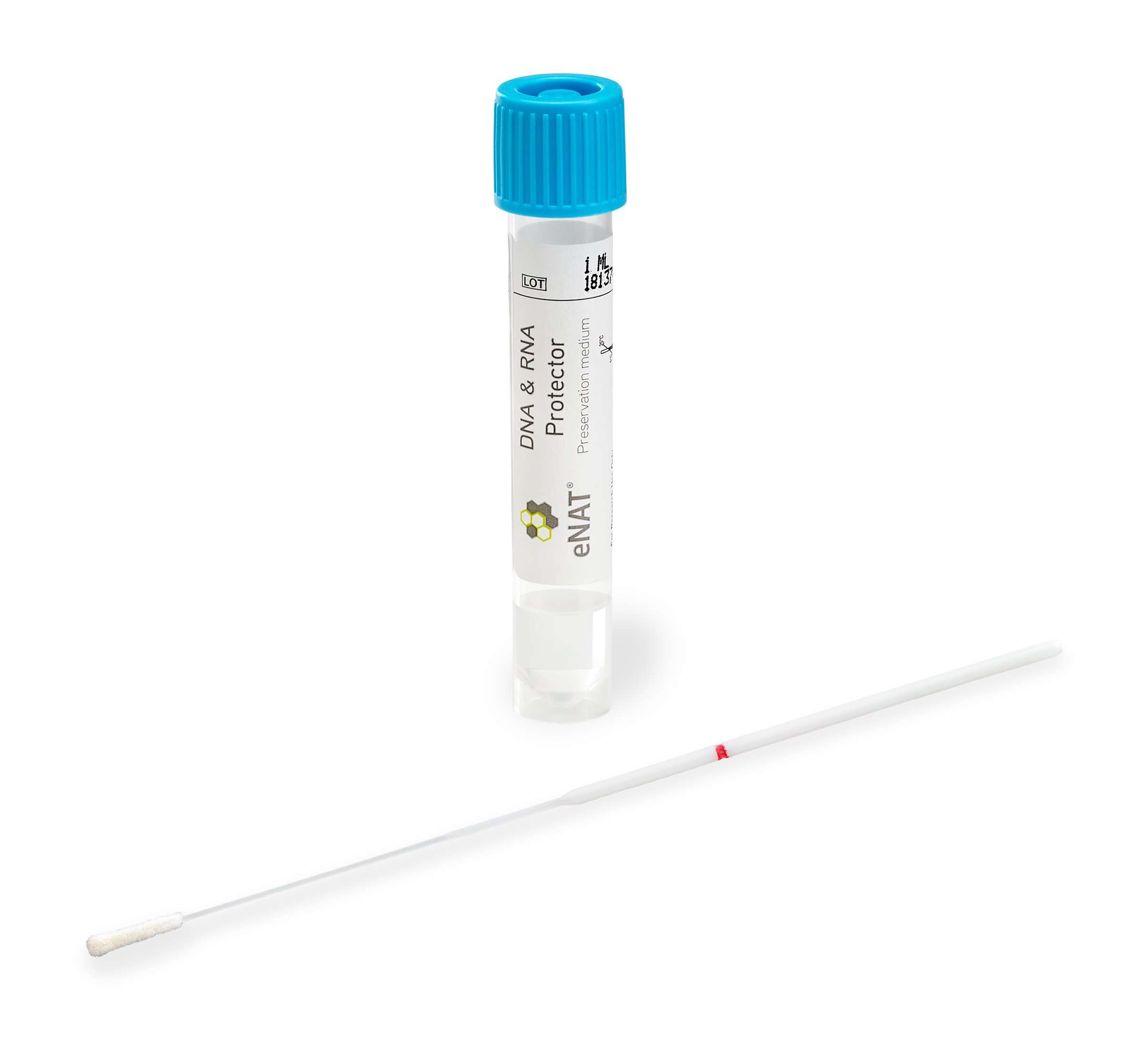 6U073S01 Single Regular Size Flocked Swab with 80mm Breakpoint Packaged with 2 mL eNAT® Guanidine Medium in Skirted Tube with Plastic Cap - Individually Packaged, Sterile